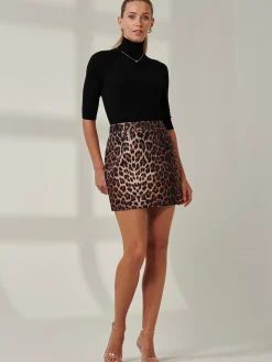 Mini Skirt With Button Detail, Black Leopard