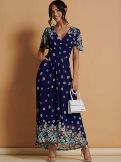 Mirrored Angel Sleeve Mesh Maxi Dress, Blue Floral