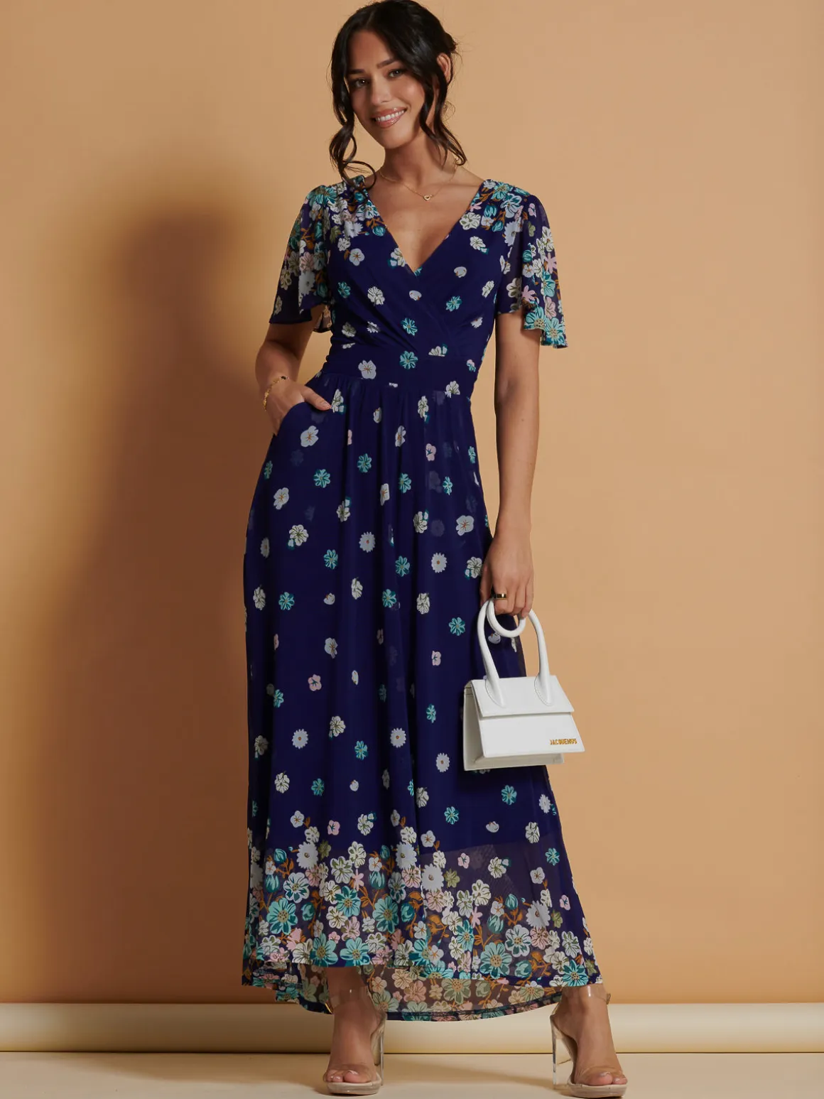 Mirrored Angel Sleeve Mesh Maxi Dress, Blue Floral