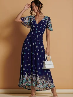Mirrored Angel Sleeve Mesh Maxi Dress, Blue Floral