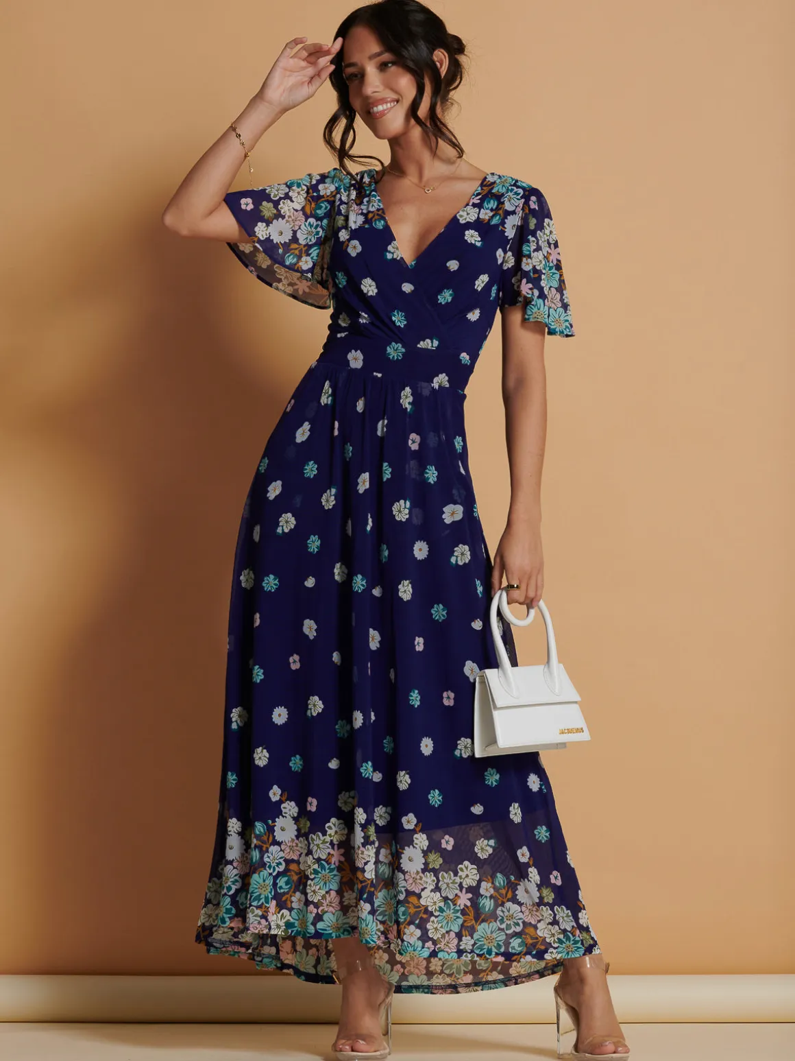 Mirrored Angel Sleeve Mesh Maxi Dress, Blue Floral