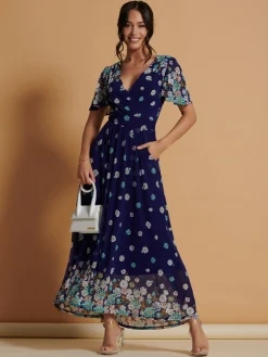 Mirrored Angel Sleeve Mesh Maxi Dress, Blue Floral