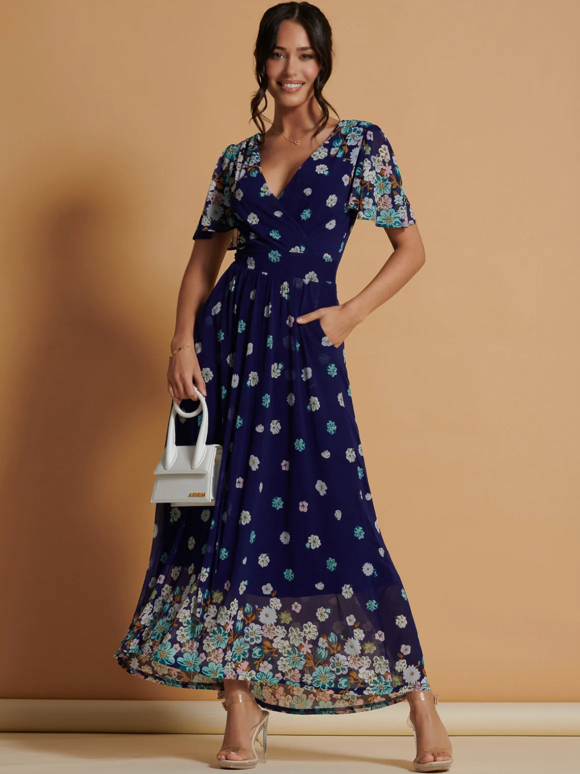 Mirrored Angel Sleeve Mesh Maxi Dress, Blue Floral