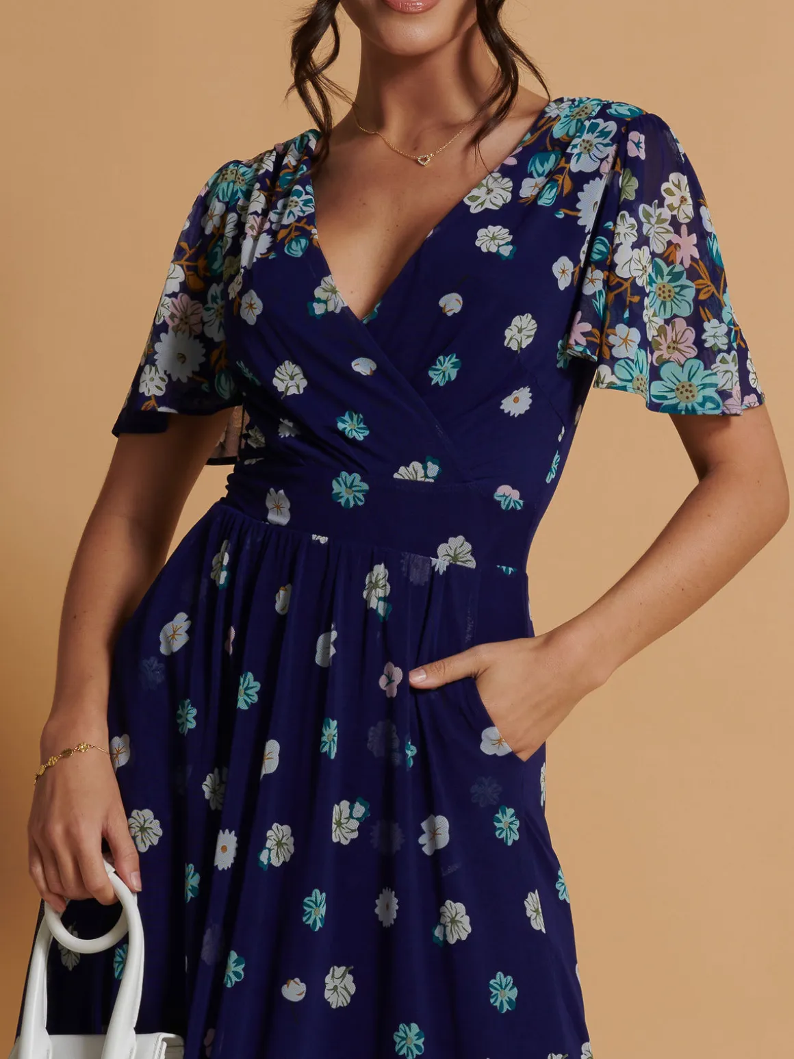 Mirrored Angel Sleeve Mesh Maxi Dress, Blue Floral