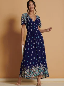 Mirrored Angel Sleeve Mesh Maxi Dress, Blue Floral