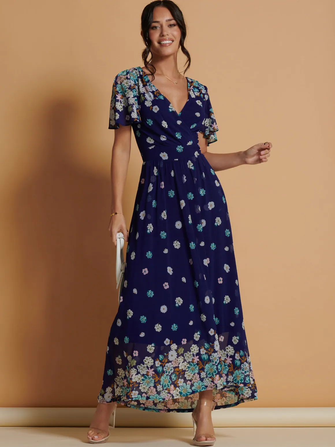 Mirrored Angel Sleeve Mesh Maxi Dress, Blue Floral