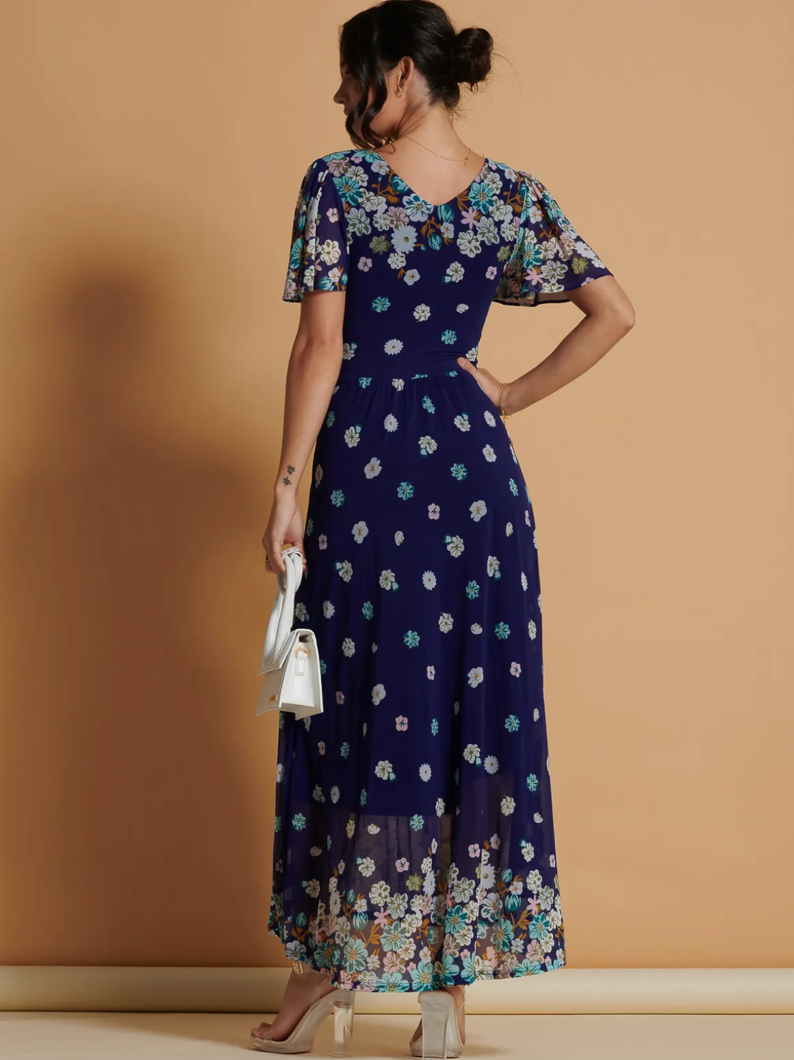 Mirrored Angel Sleeve Mesh Maxi Dress, Blue Floral
