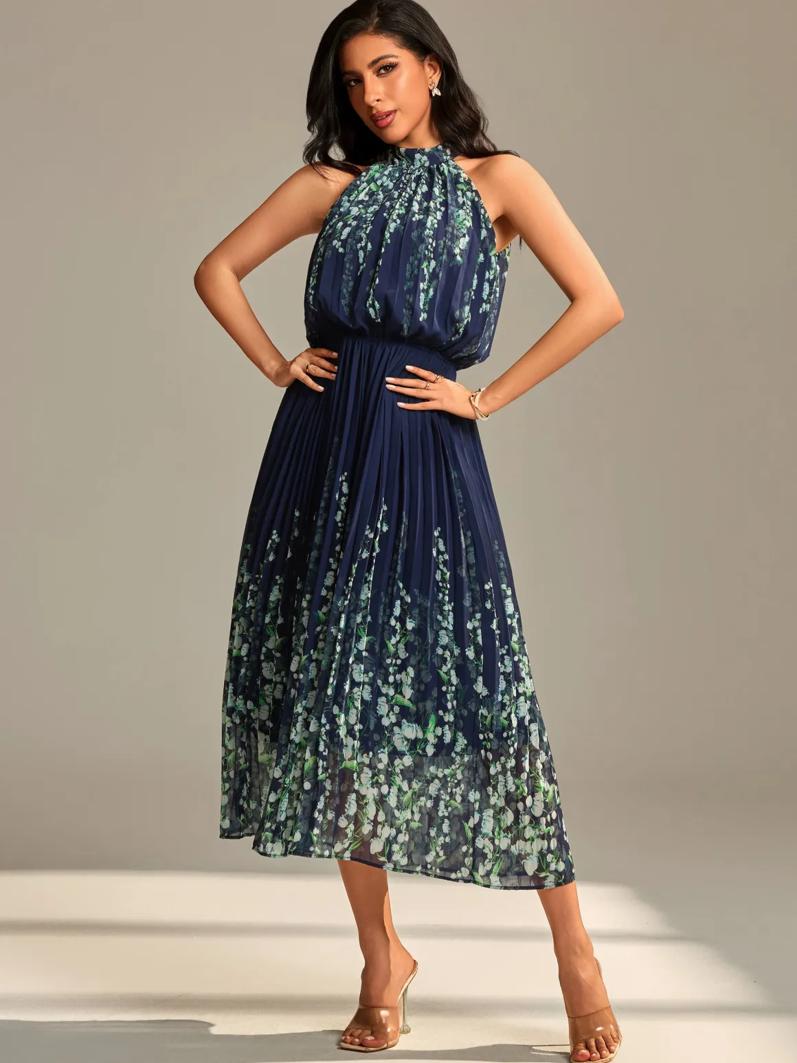 Mirrored Chiffon Pleated Halter Neck Maxi, Navy Multi