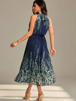 Mirrored Chiffon Pleated Halter Neck Maxi, Navy Multi