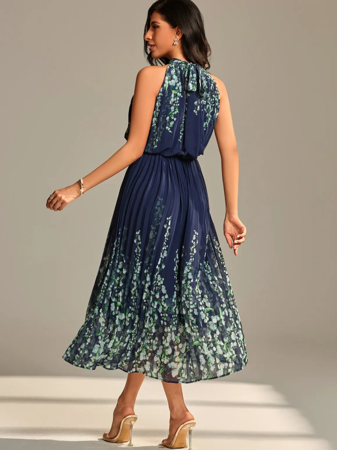 Mirrored Chiffon Pleated Halter Neck Maxi, Navy Multi