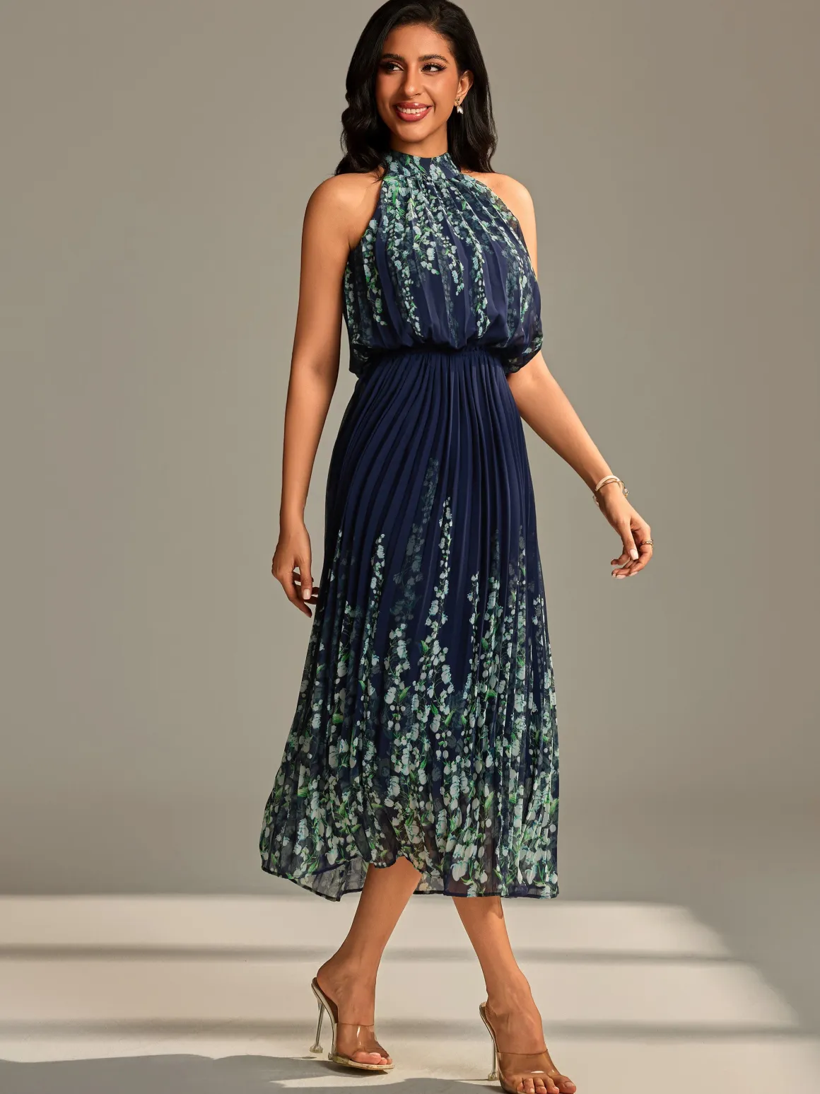 Mirrored Chiffon Pleated Halter Neck Maxi, Navy Multi