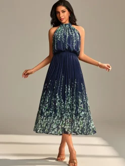 Mirrored Chiffon Pleated Halter Neck Maxi, Navy Multi