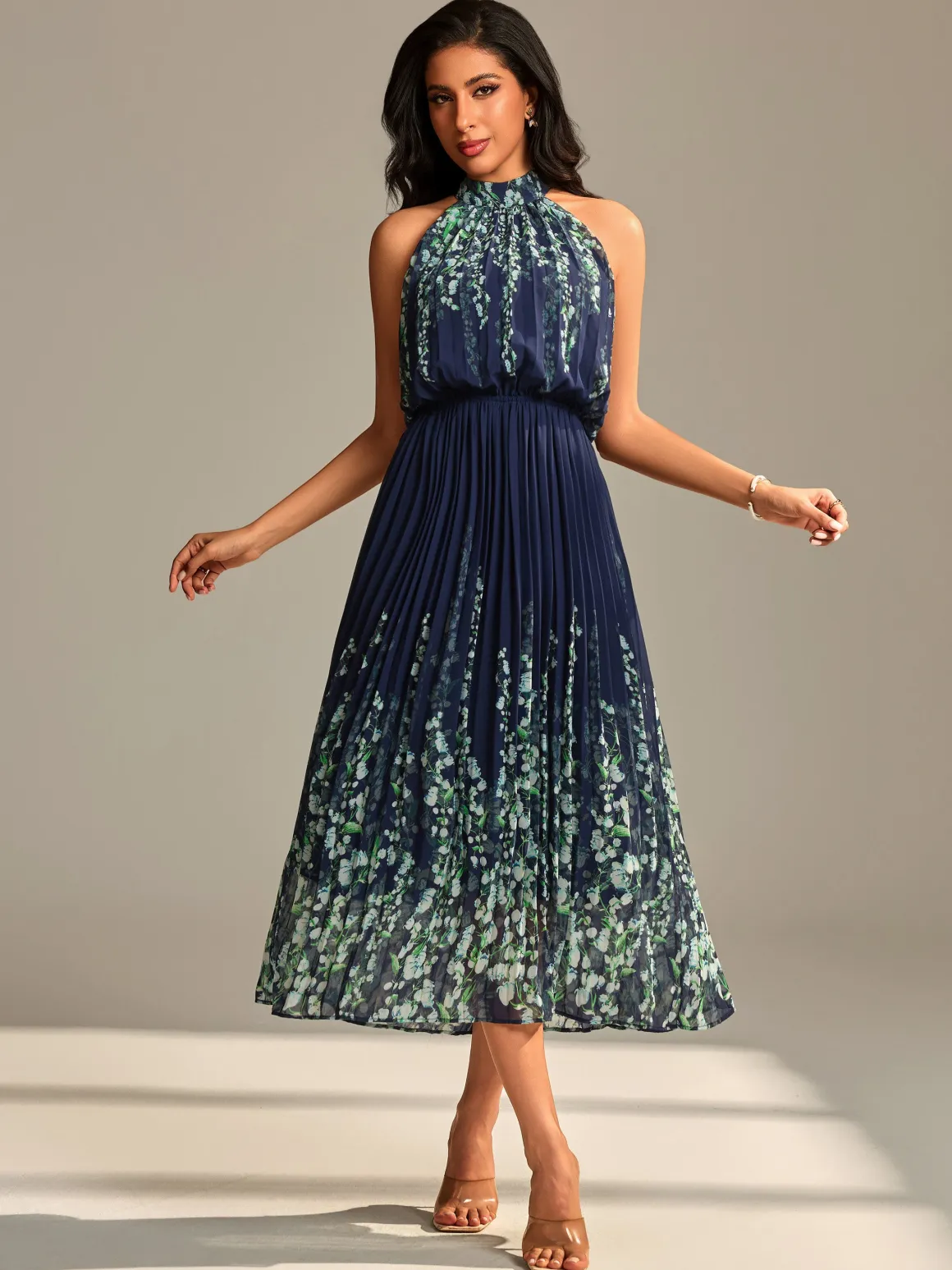 Mirrored Chiffon Pleated Halter Neck Maxi, Navy Multi