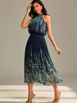 Mirrored Chiffon Pleated Halter Neck Maxi, Navy Multi