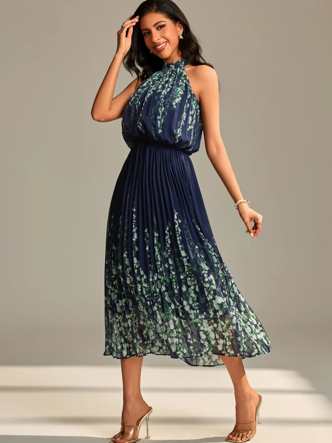 Mirrored Chiffon Pleated Halter Neck Maxi, Navy Multi