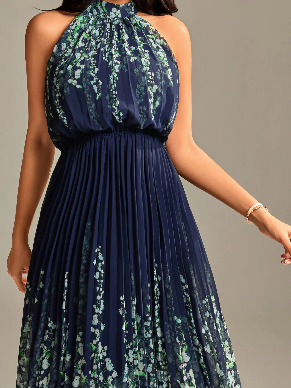 Mirrored Chiffon Pleated Halter Neck Maxi, Navy Multi