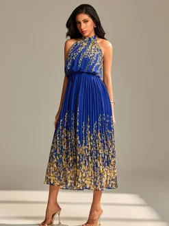 Mirrored Chiffon Pleated Halter Neck Maxi, Royal Multi