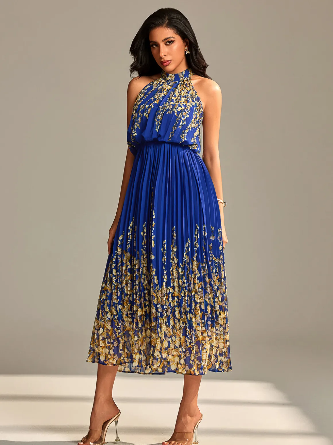 Mirrored Chiffon Pleated Halter Neck Maxi, Royal Multi