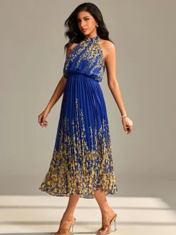Mirrored Chiffon Pleated Halter Neck Maxi, Royal Multi