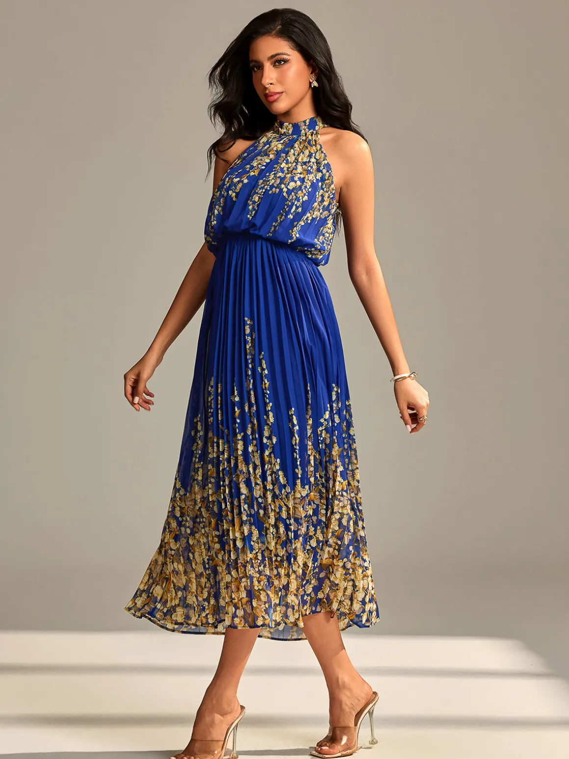 Mirrored Chiffon Pleated Halter Neck Maxi, Royal Multi
