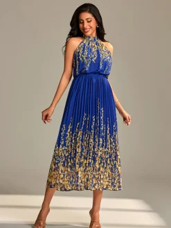Mirrored Chiffon Pleated Halter Neck Maxi, Royal Multi