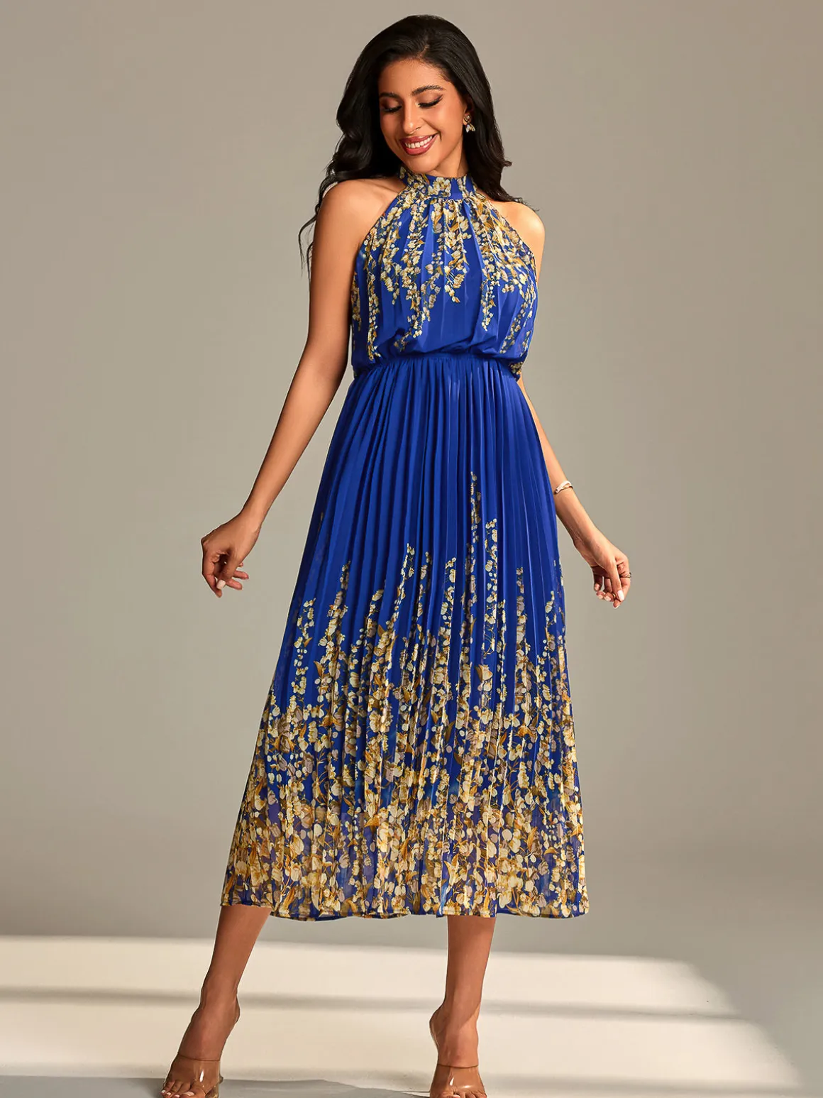 Mirrored Chiffon Pleated Halter Neck Maxi, Royal Multi