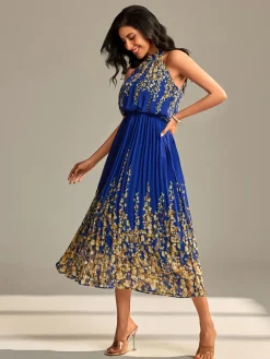 Mirrored Chiffon Pleated Halter Neck Maxi, Royal Multi