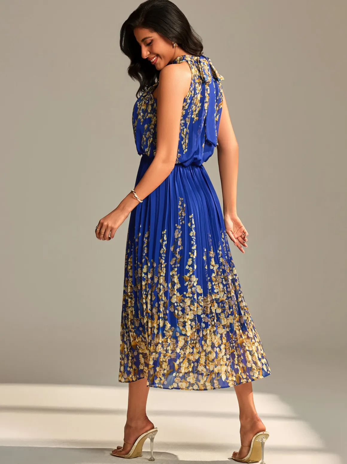 Mirrored Chiffon Pleated Halter Neck Maxi, Royal Multi