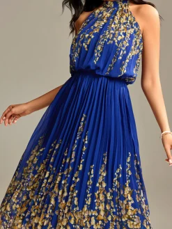 Mirrored Chiffon Pleated Halter Neck Maxi, Royal Multi