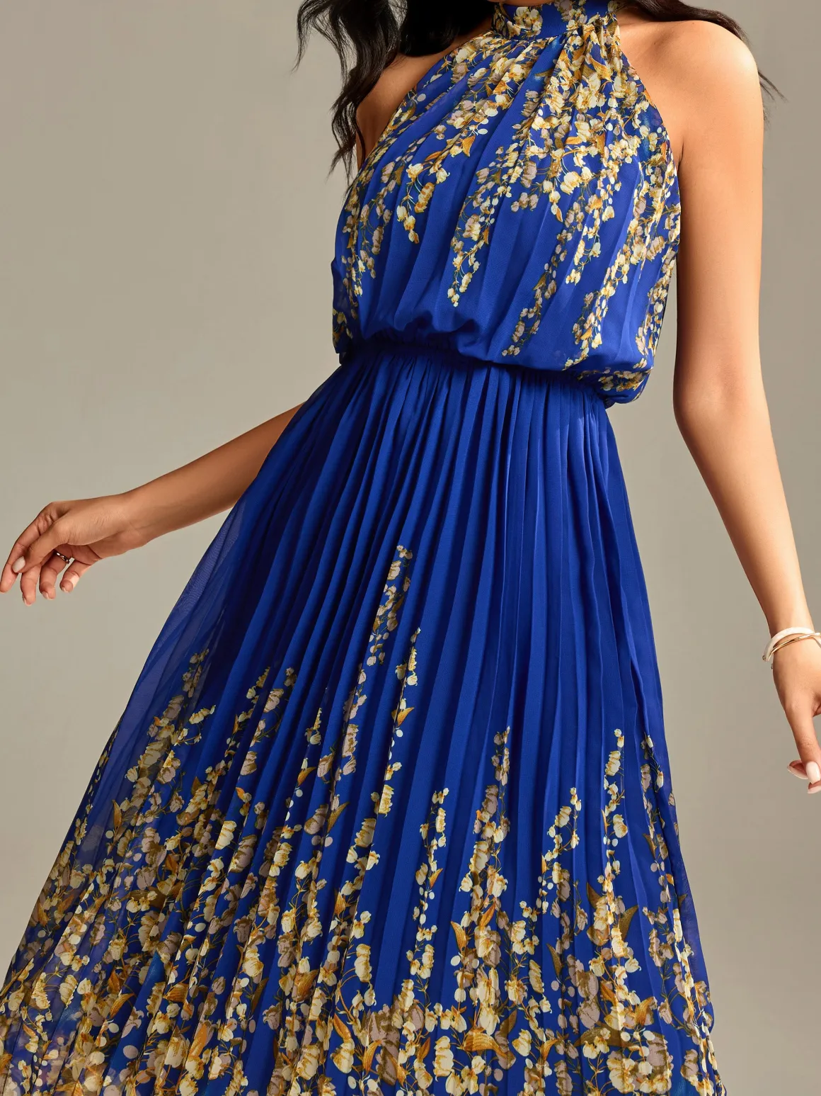 Mirrored Chiffon Pleated Halter Neck Maxi, Royal Multi