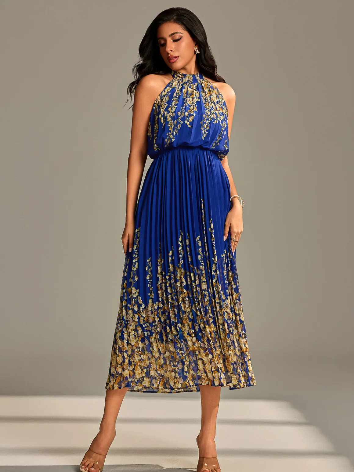 Mirrored Chiffon Pleated Halter Neck Maxi, Royal Multi