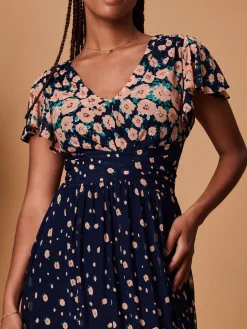 Mirrored Floral Print Mesh Maxi Dress, Navy Multi
