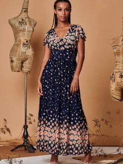 Mirrored Floral Print Mesh Maxi Dress, Navy Multi