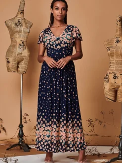 Mirrored Floral Print Mesh Maxi Dress, Navy Multi