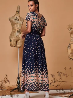 Mirrored Floral Print Mesh Maxi Dress, Navy Multi