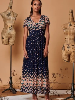 Mirrored Floral Print Mesh Maxi Dress, Navy Multi