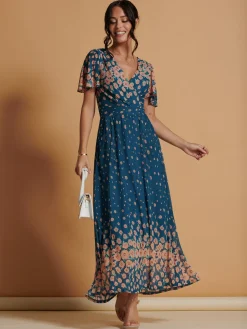 Mirrored Mesh Angel Sleeve Maxi Dress, Teal