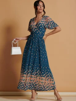 Mirrored Mesh Angel Sleeve Maxi Dress, Teal