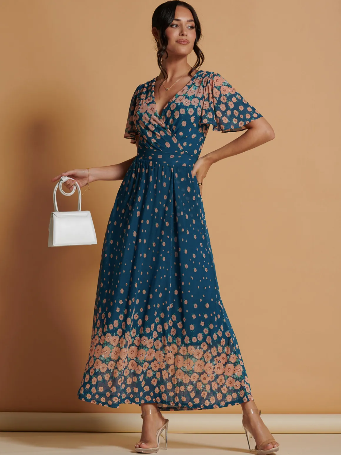 Mirrored Mesh Angel Sleeve Maxi Dress, Teal