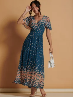 Mirrored Mesh Angel Sleeve Maxi Dress, Teal