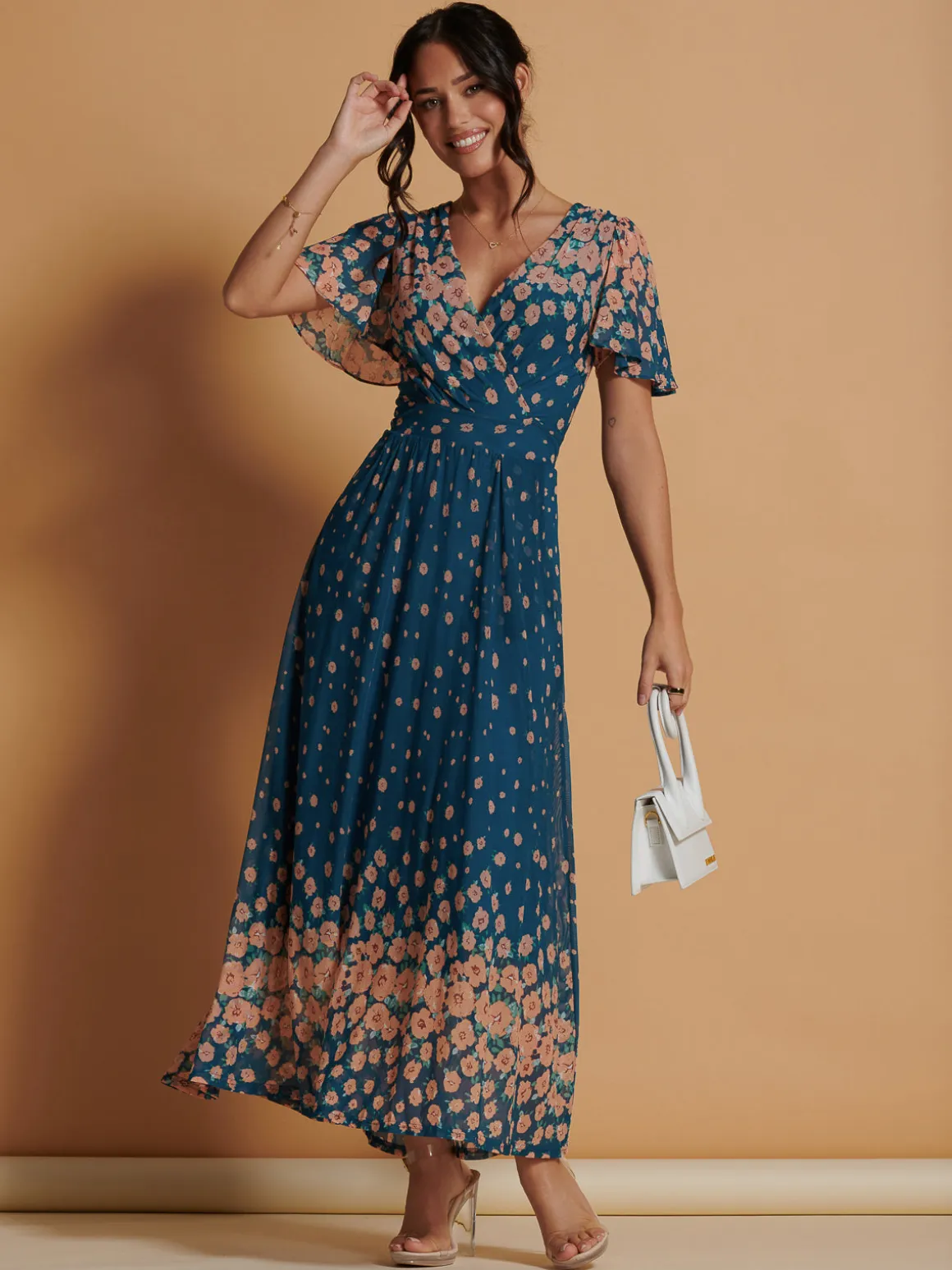 Mirrored Mesh Angel Sleeve Maxi Dress, Teal