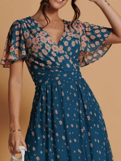 Mirrored Mesh Angel Sleeve Maxi Dress, Teal
