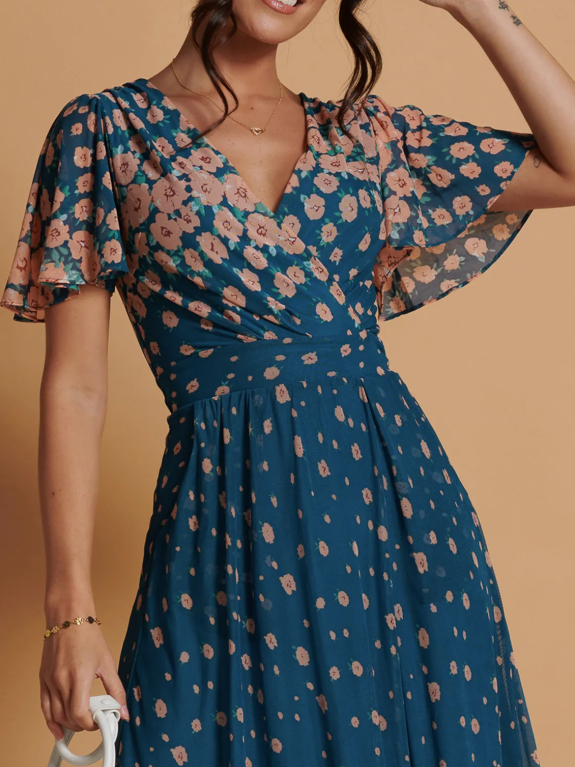 Mirrored Mesh Angel Sleeve Maxi Dress, Teal