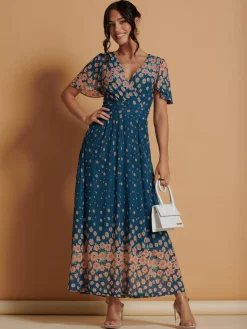 Mirrored Mesh Angel Sleeve Maxi Dress, Teal