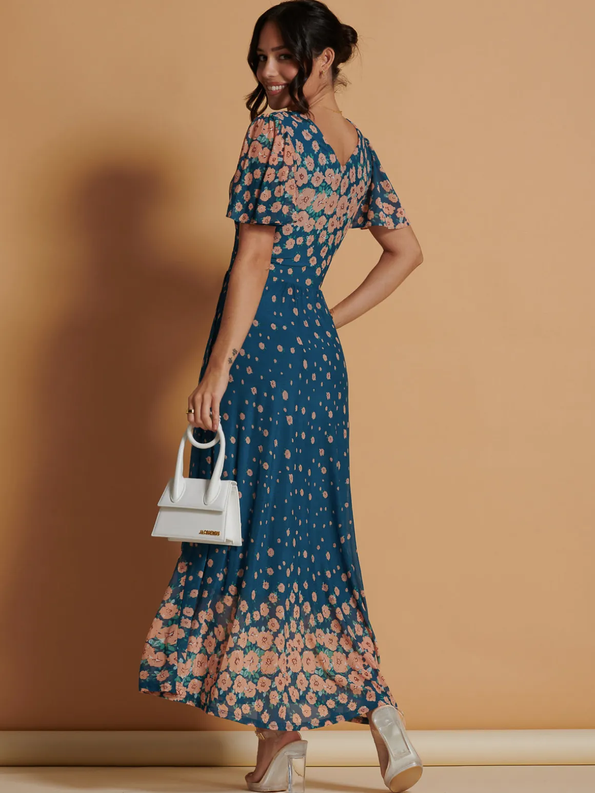 Mirrored Mesh Angel Sleeve Maxi Dress, Teal
