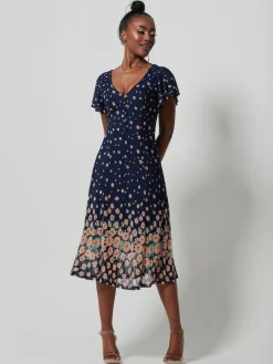 Mirrored Mesh Fit & Flare Midi Dress, Navy Floral