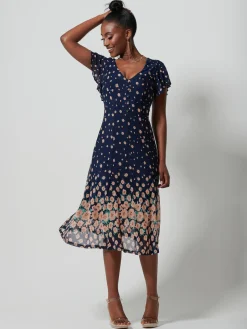 Mirrored Mesh Fit & Flare Midi Dress, Navy Floral