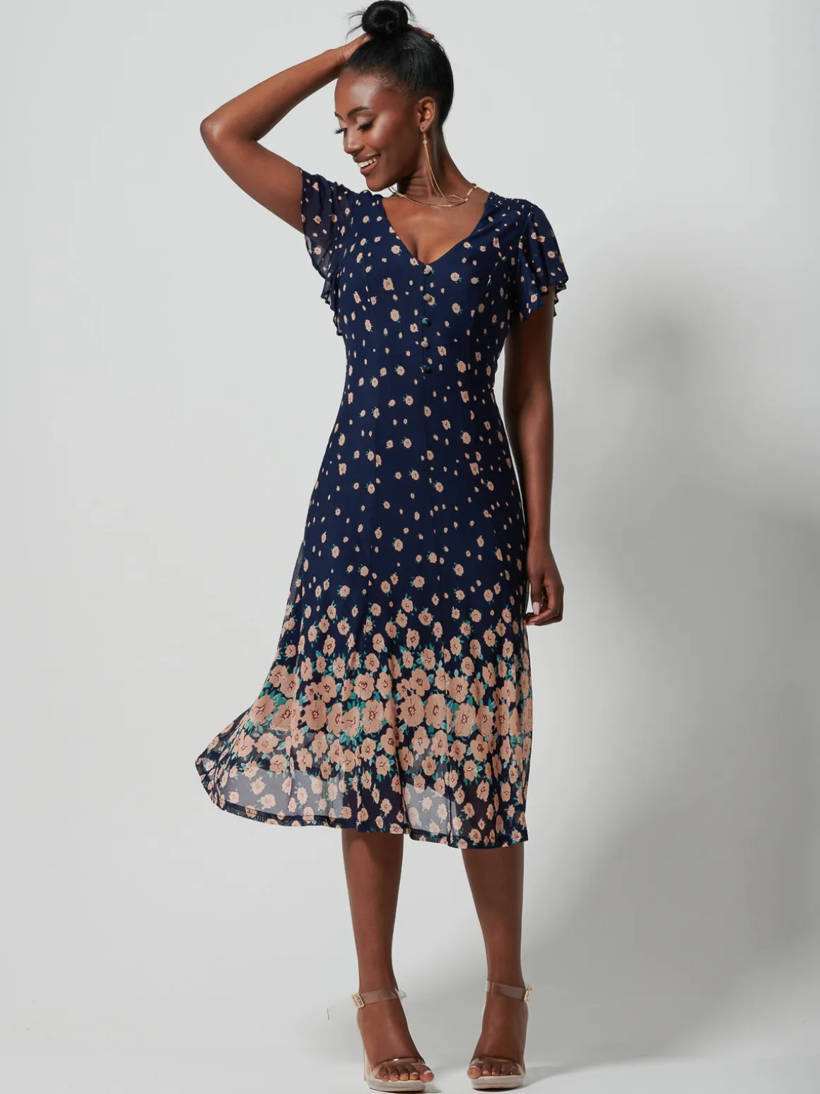 Mirrored Mesh Fit & Flare Midi Dress, Navy Floral