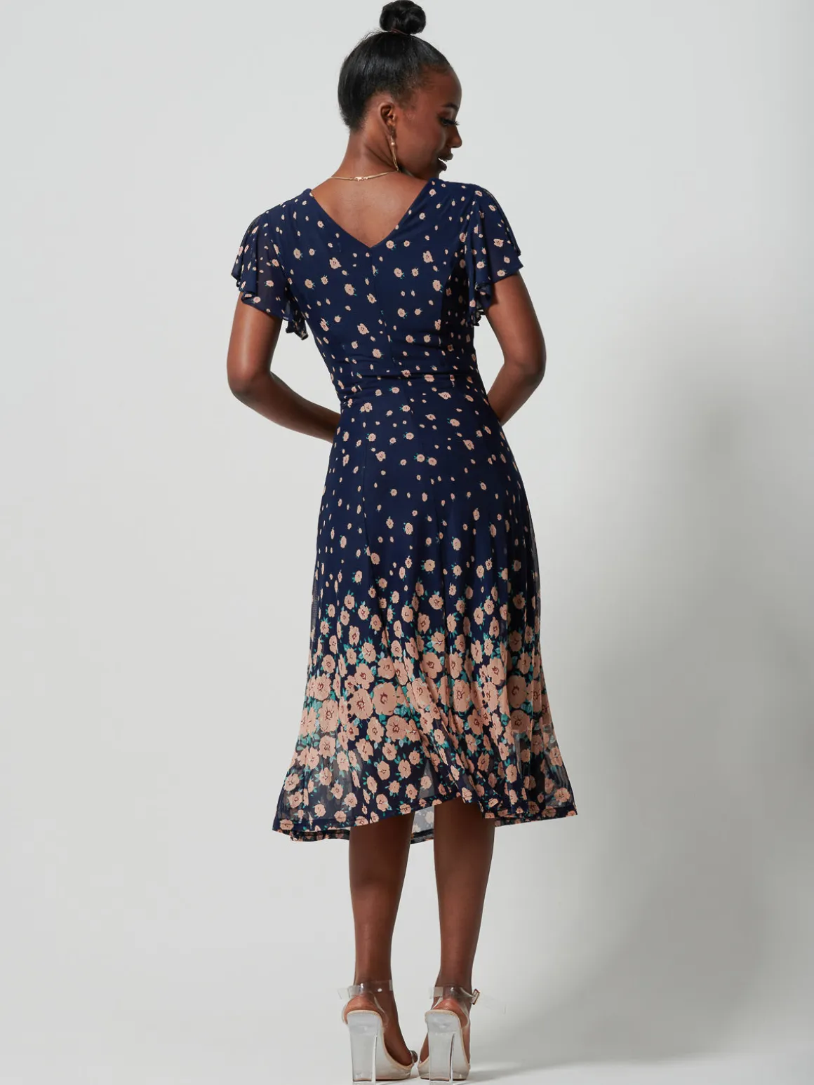 Mirrored Mesh Fit & Flare Midi Dress, Navy Floral