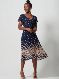 Mirrored Mesh Fit & Flare Midi Dress, Navy Floral